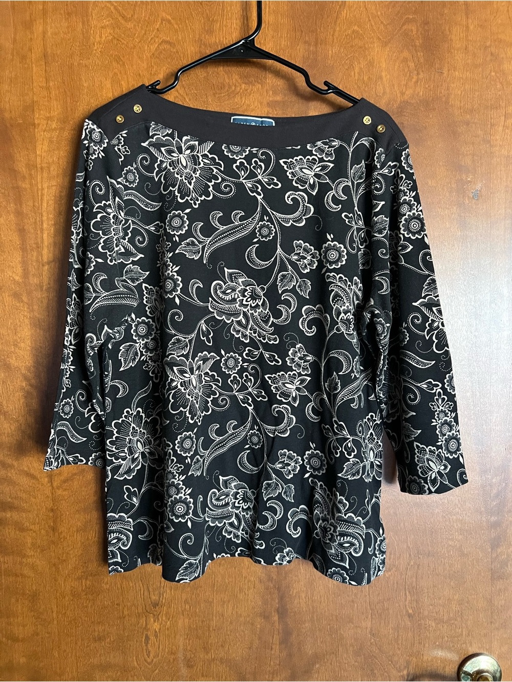 Karen Scott Black Floral Boatneck Top with White Print and Gold Buttons
